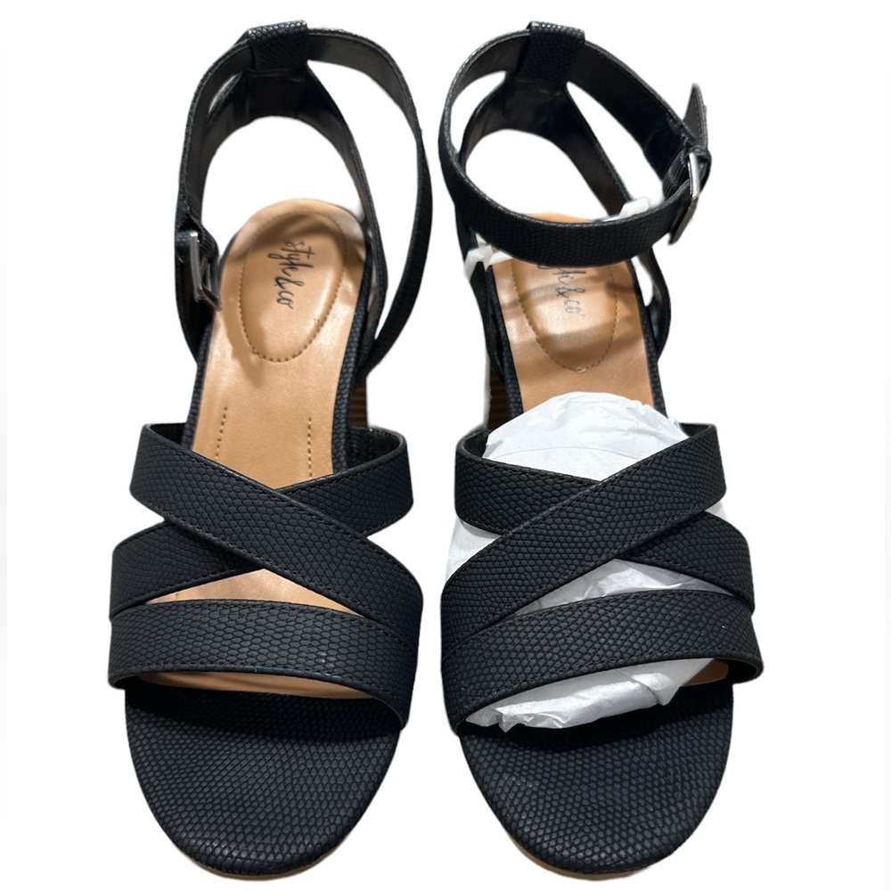 Style and Co black ankle strap chunky heels